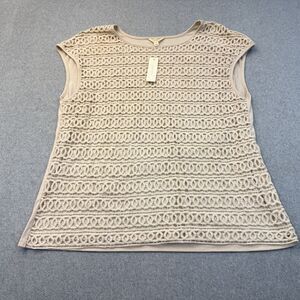Adiva Shirt Womens 1X Beige Crochet Lace Lined Short Sleeve Nautical Boho NEW
